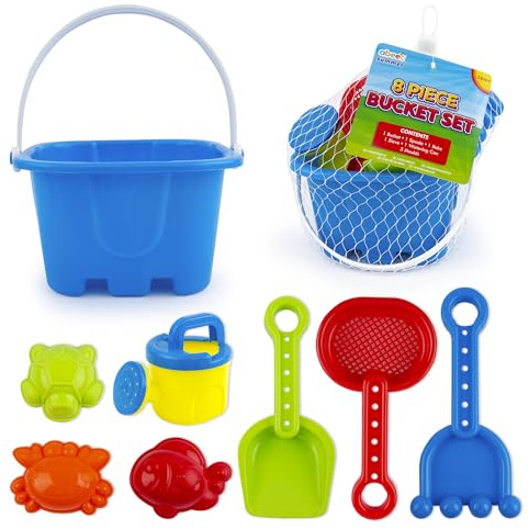 abeec Beach Bucket Set - Contains Watering Can, Bucket; Spade, Rake, Sieve, Moulds - Outdoor Water And Sand Toys For Kids - Beach Toy Set - Sand Pit Set - 8 Piece