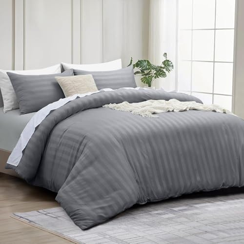 INSPIRE HOMEWARE King Size Duvet Cover Set - Premium Hotel Quality Reversible Satin Stripes Duvet Cover with 2 Pillowcases, Grey Kingsize Bedding Set - Soft Microfiber Quilt Bedding