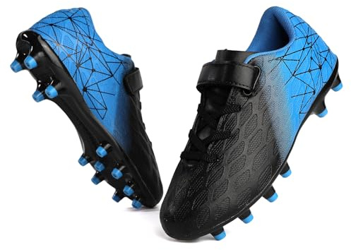 Skerxut Soccer Cleats, Kids Firm Ground Football Shoes, Boys Girls Athletic Outdoor (Black/Blue, Little Kid, 11, Numeric, US Footwear Size System, Medium)