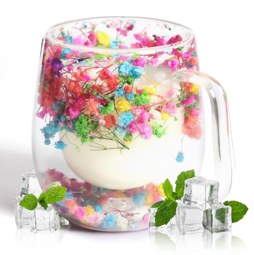 AWSOLAR Doppelwandige Kaffeegläser 350ml, Getrocknete Blumen Glastasse, Teeglas Doppelwandig Geschenke für Frauen Mutter Frau Lehrer Freund
