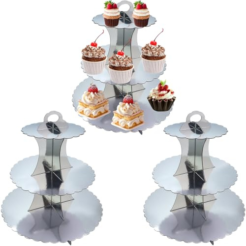 LHNNDM Confezione da 3 alzate per cupcake in cartone a 3 ripiani con bordo in pizzo, supporto per cupcake in cartone (argento)