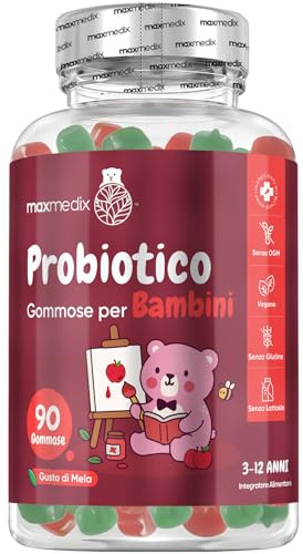 Fermenti Lattici Bambini in 90 Caramelle Gommose Vegane,1 Miliardo di CFU, Bacillus Coagulans, Inulina 100μg, Polvere di Spinaci, Concentrato di Succo di Verdure, Gusto Mela, Senza Lattosio e Glutine