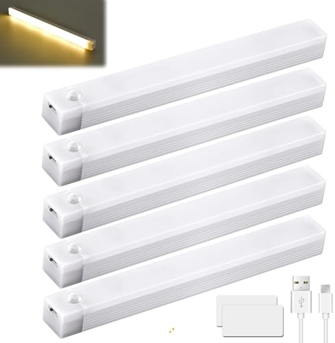 5 lámparas LED para debajo de los muebles de cocina, 20 cm, iluminación de armario inalámbrica con detector de movimiento, recargable por USB, con 3 temperaturas de color, regulable, barra de luz para