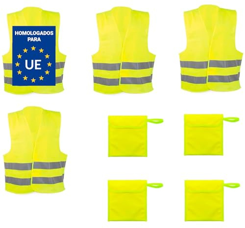 Adri 4 Chalecos Reflectantes de Seguridad, Homologados, Unisex Adulto, Amarillo, Cierre de contacto, con 4 Bolsas para guardar.
