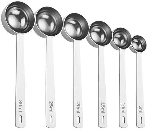 Pilikoll 6 Stück Silber Edelstahl Kaffeelöffel Kaffeelöffel Portionierer Kaffee Messlöffel mit Langem Griff Kaffeeportionierer Kaffeemesslöffel für Tee Kaffeesatz,Bohnen (5ml,10ml,15ml,20ml,25ml,30ml)
