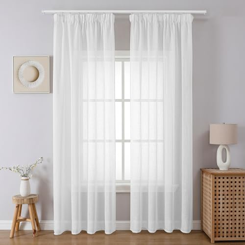 CUCRAF Gardinen mit Kräuselband H225 xB140 cm Transparent für Fenster Vorhänge Küche Wohnzimmer Kinderzimmer Modern Schienensystem Weiß 2er Set