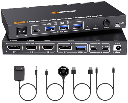 KVM-switch 4K@60Hz USB C DP 1 PC 1 bärbar dator delar 3 skärmar och 4 portar USB 3.0, PD 100 W för bärbar dator, USB-C dockning KVM-omkopplare med strömförsörjning, kabelfjärrkontroll