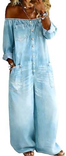 Mono Vaquero de Corte Holgado para Mujer, Mono Sexy de Manga Larga con Hombros Descubiertos y Botones, Mono Vaquero de Pierna Ancha, Mameluco Largo de Mezclilla,Light Blue,M