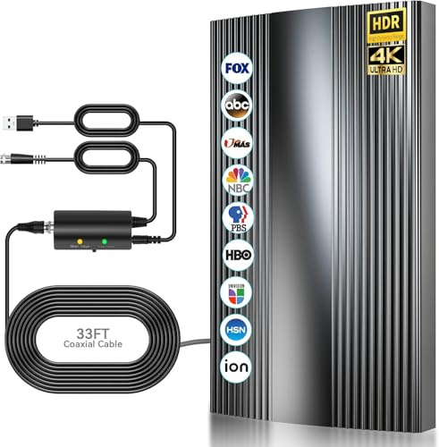 Antena TV Interior Exterior Digital,600KM Rango Amplificador de Señal Inteligente Antena de TV Digital para Interiores Canales de HDTV 1080P 4K Gratuitos,para Todos los Televisores Cable Coax de 10M