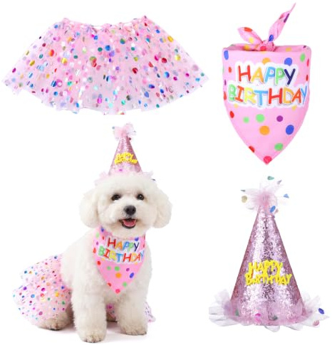 SULIKJHUI 3 Stücke Hunde Geburtstag Partyhut Set, Hundebekleidung zubehör | Hundegeburtstag Deko, für die, Geburtstagsfeier eines Hundes, Rosa
