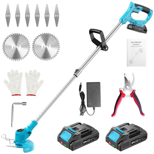 Desbrozadora Bateria 21V, Desbrozadora Electrica con 2 Baterías 2.0Ah, 2 Tipos de Metal Cuchillas Cortabordes Bateria, Tijeras de Podar, Desbrozadora Inalámbrica Cabeza Ajustable para Jardín (Azul)