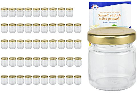 MamboCat Lot de 50 bocaux ronds TO 43 avec couvercle à vis couleur dorée, 53 ml, avec livret de recettes (français non garanti), bocaux, conserves, mini pots en verres