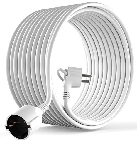 MutecPower 15m Rallonge Schuko avec fiche Plate coudée à 90° avec Contact de Protection jusqu'à 250V 16A rallonge de câble IP20 avec Contacts de Terre - Prolongateur de 15 mètres Blanc