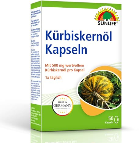 SUNLIFE Kürbiskernöl Kapseln I 500mg Hochdosiert I 50 Stück Nahrungsergänzungsmittel I Kaltgepresste Premium Qualität I Mit Vitamin E für Zellschutz I Glutenfrei & Zuckerfrei