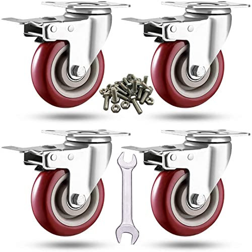 4 inch Heavy Duty Casters Load 2400lbs, Lockable Bearing Plate Caster with Brakes, 360-degree Swivel for Furniture and Workbench Cart, Set of 4 (Includes Complete Screws Sets with Accessories)