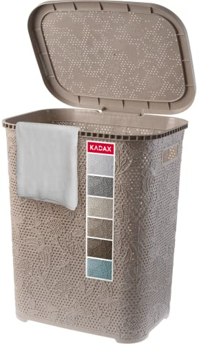 KADAX Wäschekorb, Wäschetruhe mit Deckel aus Kunststoff, Wäschesammler, Wäschesortierer für Bad, Kleidung, Spielzeug, Verzierungen, durchbrochenes Muster, 55l, leicht (beige)