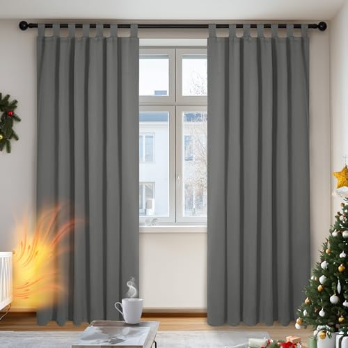 Deconovo Mörkläggningsgardin ogenomskinliga öglor för värmeisoleringsgardiner, 210x140 cm (H x B), ljusgrå, uppsättning med 2