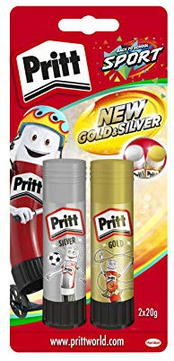 Pritt Colla stick oro e argento, colla sicura e adatta ai bambini, per lavori di arte e artigianato, colla forte per la scuola e l'ufficio, 2 penne Pritt da 20 g