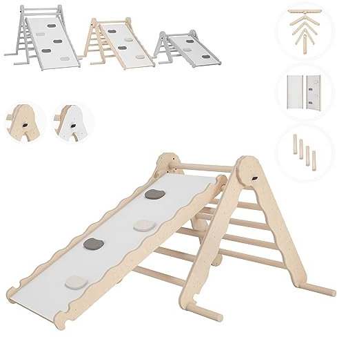 MAMOI® Klettergerüst Indoor, Kletterdreieck mit Rutsche aus Holz, Kletterturm mit Rutschbrett, Kletterbogen, Regenbogenwippe, Montessori Spielzeug