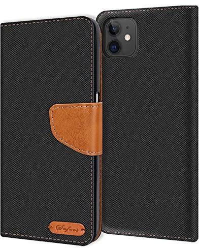 Verco kompatibel mit Apple iPhone 12 Mini Hülle, Schutzhülle für iPhone 12 Mini Tasche Denim Textil Book Case Flip Case (5,4 Zoll) - Klapphülle, Schwarz