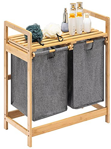 YOUDENOVA Wäschekorb aus Bambus-Gestell mit Ablagen Wäschesammler mit 2 Ausziehbaren Wäschesäcken für Schlafzimmer Bad oder Waschküche 73x64x33cm Grau