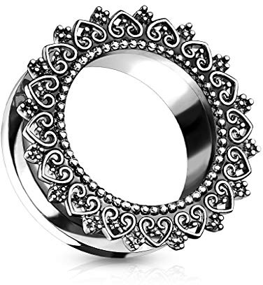 beyoutifulthings Ohr-Tunnel Filigrane Tribal-Herzen Silber Ohr-piercing Ohr-Schmuck Plug 8-mm Screw Fit Flesh Schraub-Verschluss