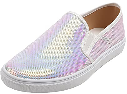 FEVERSOLE Women's Fashion Sparkle Sequin Embellished Sneaker Party Holiday Casual Shoes AB White Sequin Size 7.5 M US