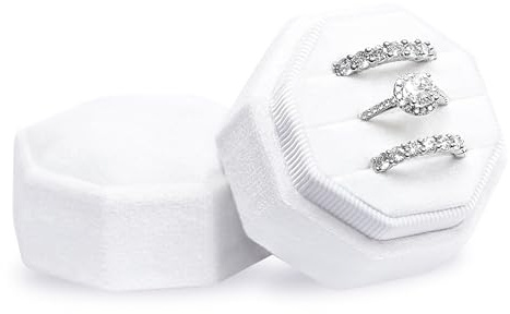 BLUTETE Velvet 3 Slots Jewelry Ring Box Engagement Wedding Box Keepsake Box Bridal Photo Ring Triple Slots Octagon (Pure White)
