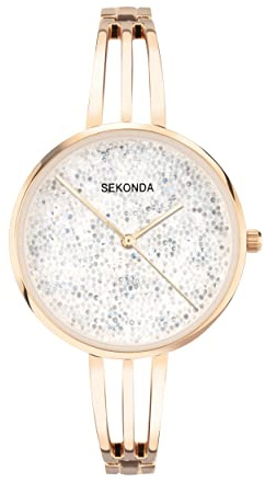 Sekonda Stardust Ladies 36mm Quartz Watch in Silver with Analogue Display, and Rose Gold Alloy Strap 40592 | Mineral glass crystal, jewellery clasp, glitter dial, ion-plated case, Japanese quartz movement