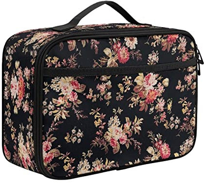 Howilath Lonchera negra con diseño de flores de peonía, bolsa de preparación de comidas, bolsa de picnic floral con asa, bolsa de almuerzo para niños y niñas