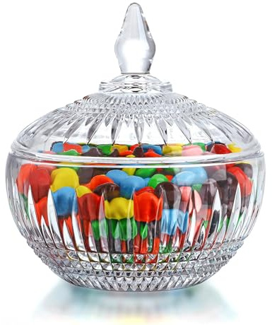 kanpura 600ml/21oz Large Glass Candy Dish with Lid,Clear Crystal Candy Jar with Lid,Decorative Glass Jar for Wedding Buffet Party, Christmas, Home Decoration,Dishwasher Safe