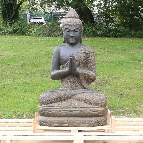 Oriental Galerie Buddha Stein Figur Statue Gartenfigur Steinfigur Dekofigur Gartendeko sitzend Massiv aus Greenstone antik Greetings 80 cm