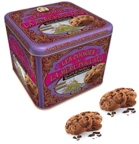 La Mère Poulard® | Biscotti Burro Salato Cioccolato | Lattina Biscotti Francesi Burro | Frollini Burro Scaglie Cioccolato - 400 Gr | Latta Regalo Biscotti Decori Viola