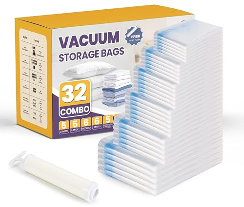 Simple Deluxe 32 Pack Vacuum Storage Bags (5 Jumbo/5 Large/6 Medium/6 Small/5 Roll M/5 Roll S) Space Saver Bags, Vacuum Seal Bags with Hand Pump for Comforters, Blankets, Bedding, Pillows and Clothes