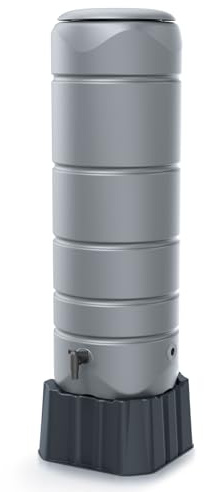 Regentonne rund Regenwassertank Standard rund Komplett-Set mit 110 Liter Volumen in der Farbe grau ist aus UV- und witterungsbeständigem Material mit kindersicherem Deckel
