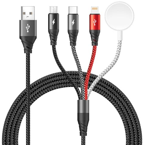 4 in 1 Multi Ladekabel für Apple Watch und iPhone,1.2M iWatch Ladekabel | iPhone Schnellladegerät USB C Magsafe Ladegerät mit Lightning/USB C/iWatch/Micro für iWatch 9/8/7/6/5/Ultra,iPhone 15/14/13