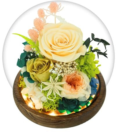 GLAMOUR BOUTIQUE Preserved Flowers Rose in Glass Dome w/Light - Long Lasting Flowers, Flower Gifts for Women for Any Occasion - Home Decor, Comes w/Thick Gift Box - Glass Rose Flowers - Yellow