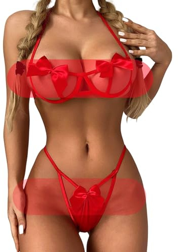 Conjunto de lencería sexy para mujer VicSec con lazo, bragas y tanga con lazo, camisas tipo bodydoll, pijamas de realce, 2 piezas, rosso, Altoa única