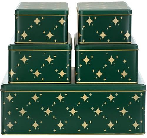 BALOU LIVING 5er Set Keksdose Weihnachten eckig - Weihnachtskeksdosen groß aus Metall - Weihnachtliche Plätzchendose Blechdose, Sterne grün/gold