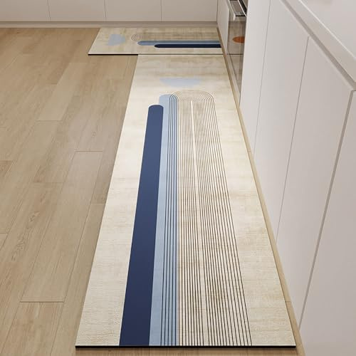 Hixingo Küche Teppich rutschfest, Abwaschbar Kieselgur Küchenläufer, Geometrische Gerade Linie Schnelltrocknend Küchenteppich Absorbierend Teppich Läufer Küchenmatte (60x120cm,Blau Khaki)