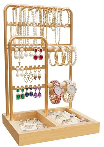 MinXin Présentoir à Bijoux Porte, 4 Étages Support à Bijoux, Organisateur de Bijoux, Présentoir Accessoires, Porte Bijoux Femme en Métal, Plateau en Velours