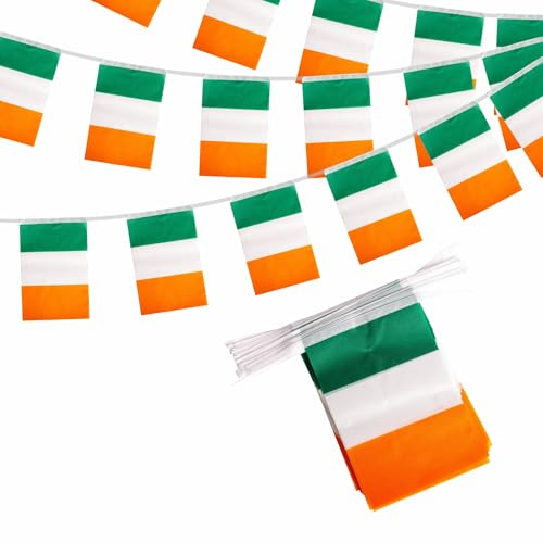 Irland Wimpelkette 10m 30 Flaggen, Irische Fahnenkette Deko für Fußball WM 2026 St. Patrick's Day Olympia Bar Garten Straße Umzug Party Dekoration Girlande Banner Fanartikel Public Viewing