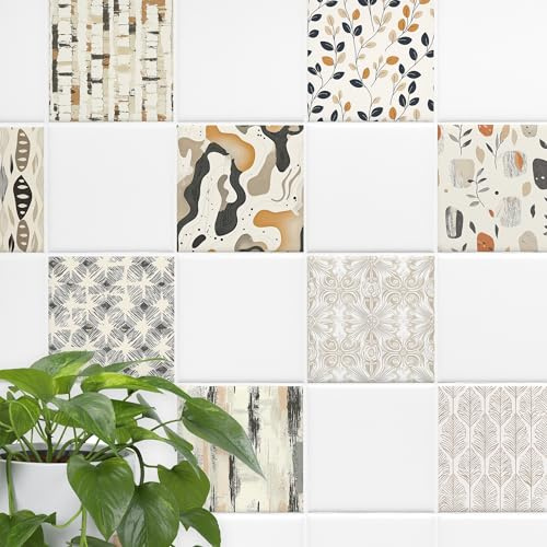 GRAZDesign Fliesenaufkleber Boho Küche Bad, Naturfarben Beige braun, Fliesenfolie selbstklebend - 15x20cm / 20 Stück