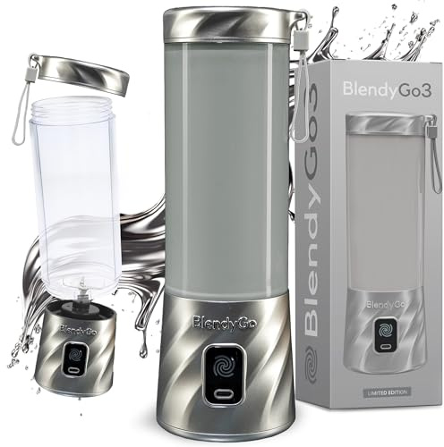 Blender portable BlendyGo3, Mixeur, Blender Smoothie rechargeable USB, Mixeur Smoothie puissant sans fil, Mini Blender pour smoothies et jus, sans BPA, 550 ml (Silver Metallic)