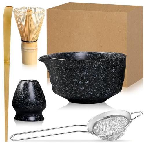 Exquilnova 5PCS Matcha Whisk Set with Matcha Bowl,Matcha Whisk Holder,Matcha Wisk,Matcha Spoon and Matcha Sieve,Matcha Starter Kit for Matcha Tea Ceremony(Black with White)