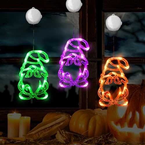 Halloween Deko Fenster Lichter, 3 Stück Herbstdeko Orange| Grün| Lila Wichtel Fensterlichter mit Saugnapf & Timer, Herbstdeko Lichterkette Halloween Fensterdeko Lichter Batteriebetriebene