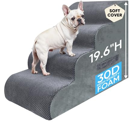 PAWSCRAT Pet Stairs for Dogs 4-Step, 19.6 H Pet Stairs for High Bed, Couch Sofa & Chair, 30D Material Soft Foam Dog Steps with Non-Slip Bottom Surface Removable Washable Cover, Grey