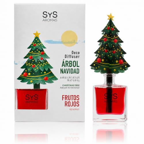 Ambientador Decorativo Árbol de Navidad - Frutos Rojos - 90 ml - SYS Aromas | Difusor Fragancia Dulce y Afrutada - Aroma Festivo y Navideño - Larga Duración - Ideal para Hogar, Oficina y Regalo