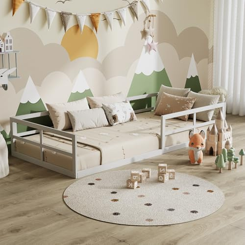 VitaliSpa Bodenbett Minno 90x200, Kinderbett aus Metall, Montessori Bett mit Rausfallschutz, niedrige Einstiegshöhe, Weiß
