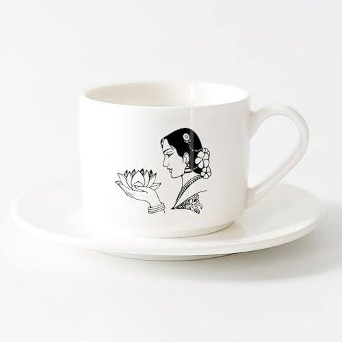 AYUEHBN Large Mugs for Hot Drinks India Woman Face Lotus Flower Hinduism （6oz/175ml） Dishwasher Microwave Safe,for Office and Home ，Sets Tea Cup with Saucers (White)